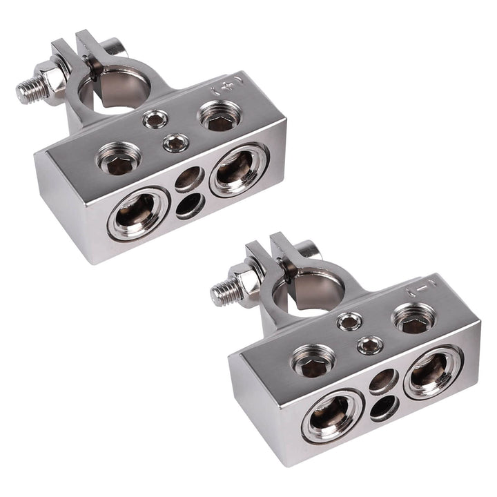 Skar Audio front view of terminal pair showing durable zinc alloy and clamps