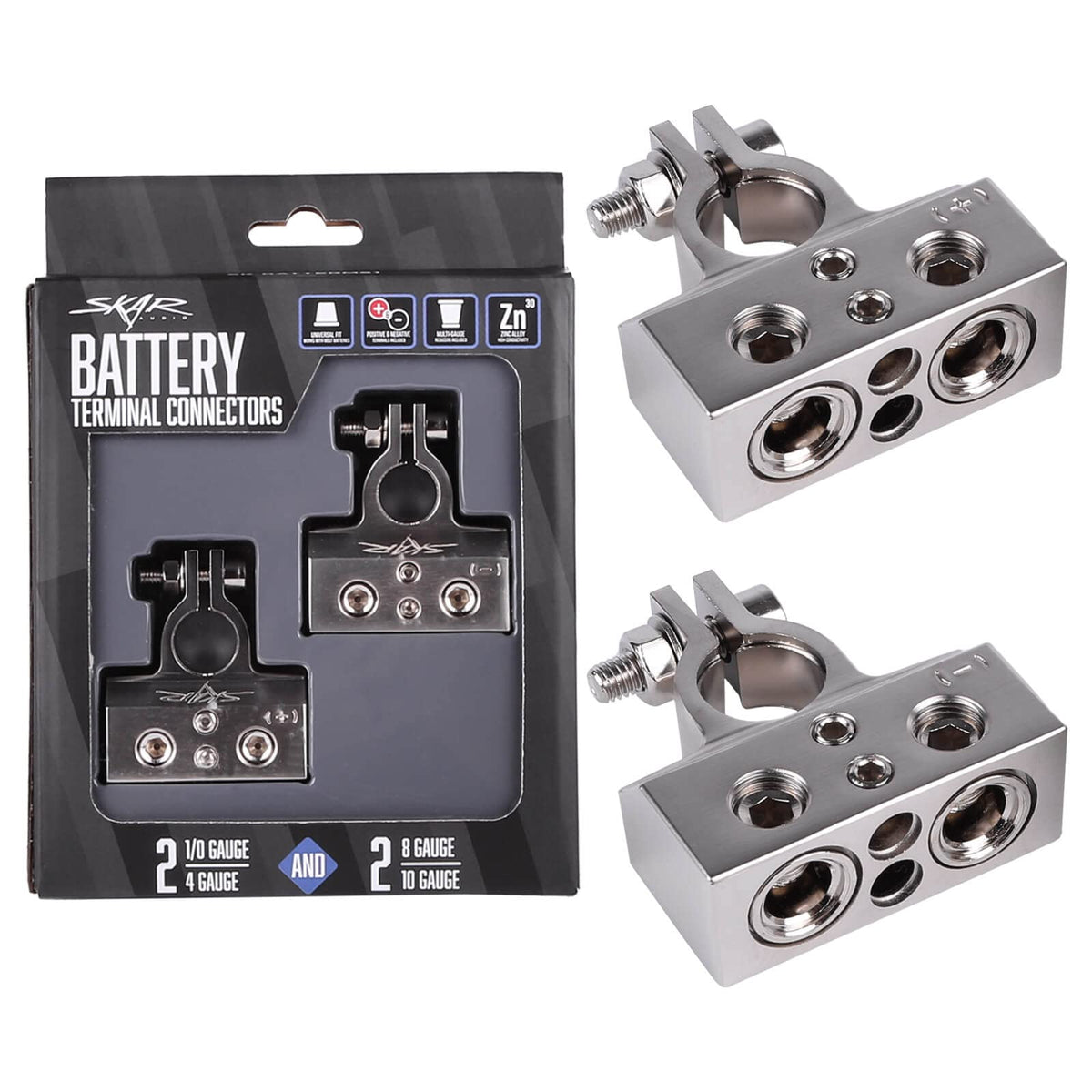 Skar Audio terminals mounted to a car battery showing real-world installation benefit