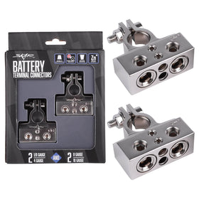 Skar Audio terminals mounted to a car battery showing real-world installation benefit