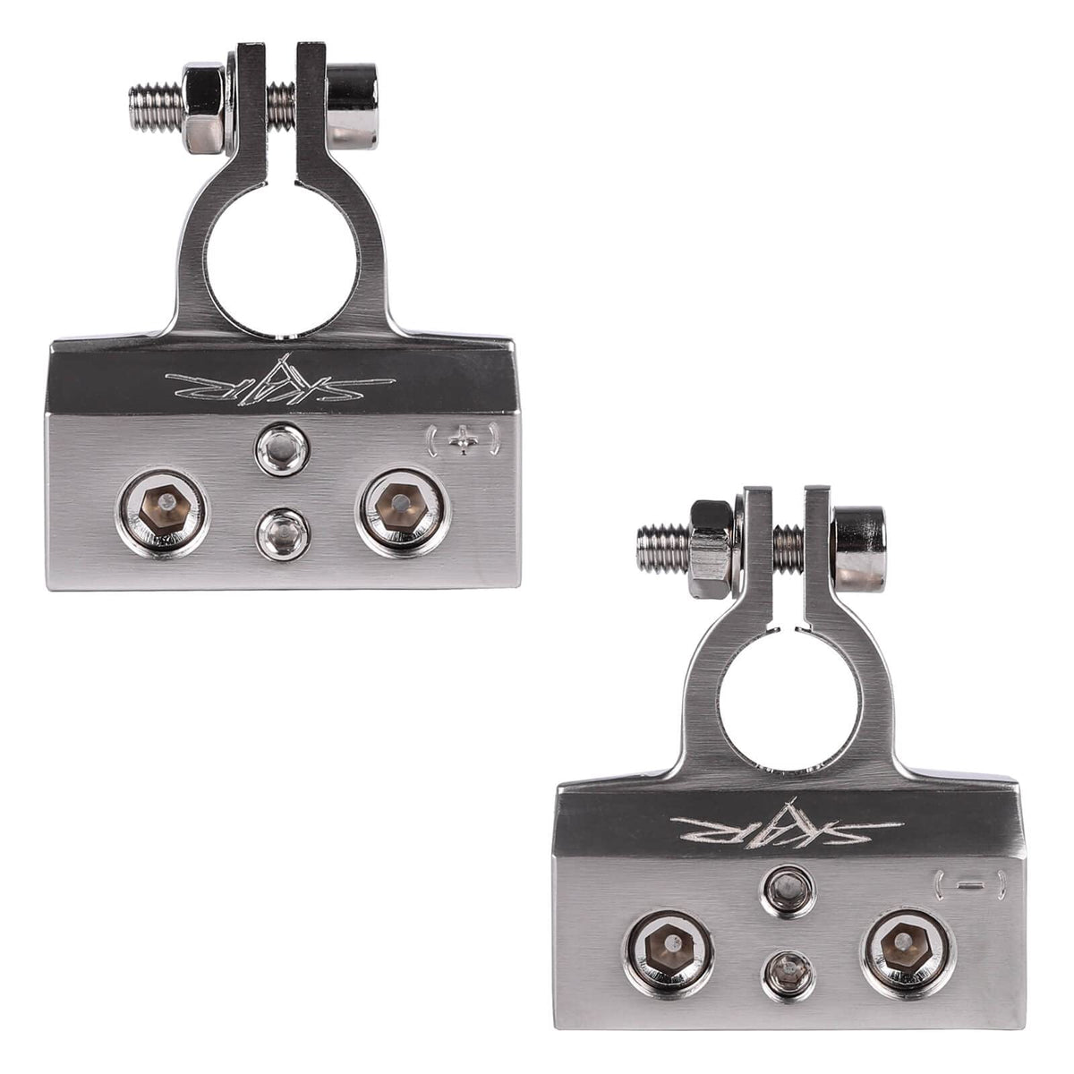 Skar Audio close-up of top-post terminal showing anti-slide grooves for secure contact