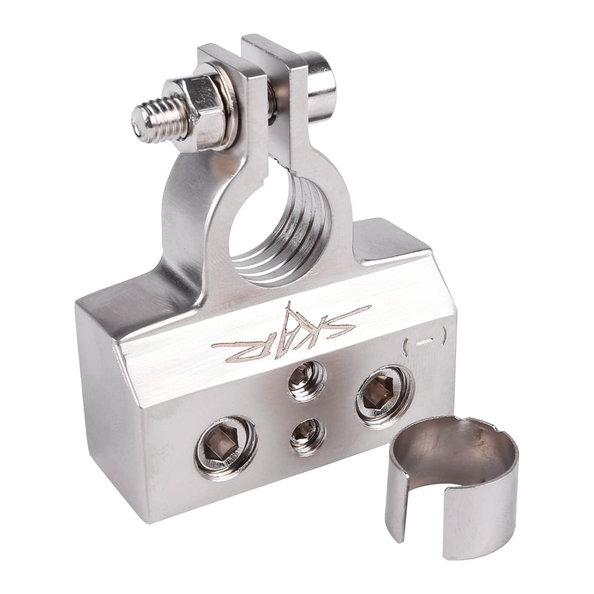 Skar Audio terminal with mixed gauge wires installed demonstrating multi-input use