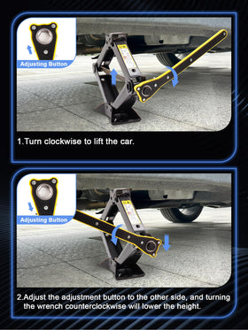 SKCOAUTO jack in use lifting a Ram truck illustrating safe roadside support