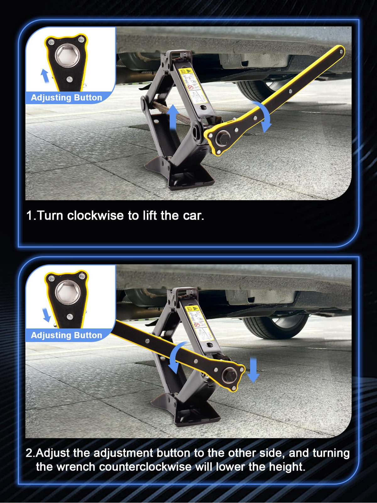 SKCOAUTO scissor jack beside ruler showing compact storage and space-saving benefit