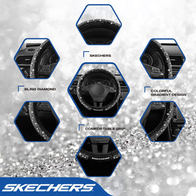 Skechers close-up of rhinestones and velvet texture offering sparkly look and soft grip