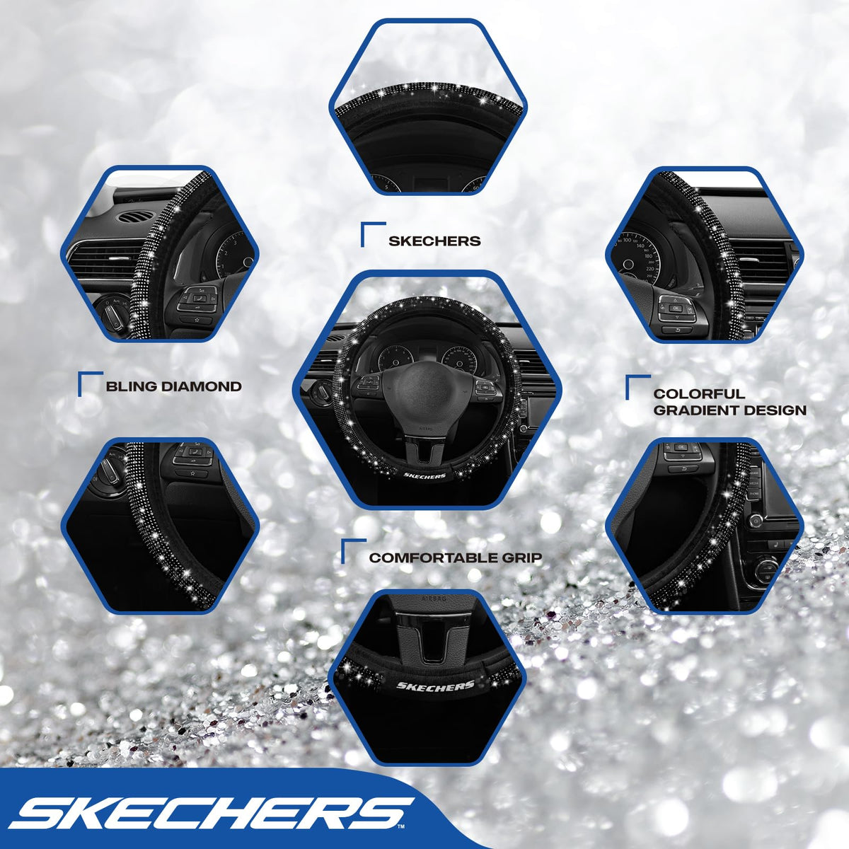 Skechers close-up of rhinestone detail highlighting durable sparkle and reduced shedding benefit