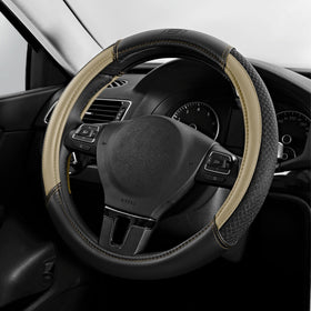 Skechers steering wheel cover front view showing beige styling and full coverage benefit
