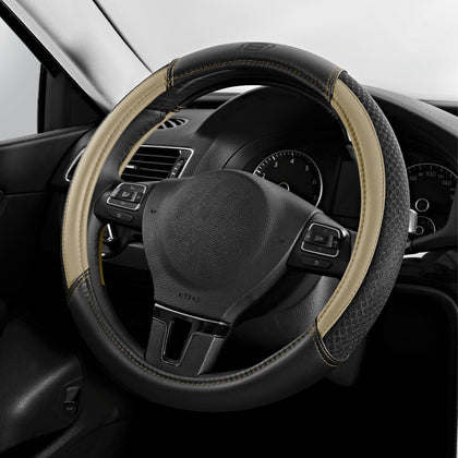 Skechers steering wheel cover front view showing beige styling and full coverage benefit