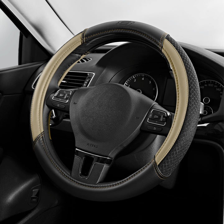 Skechers steering wheel cover front view showing beige styling and full coverage benefit