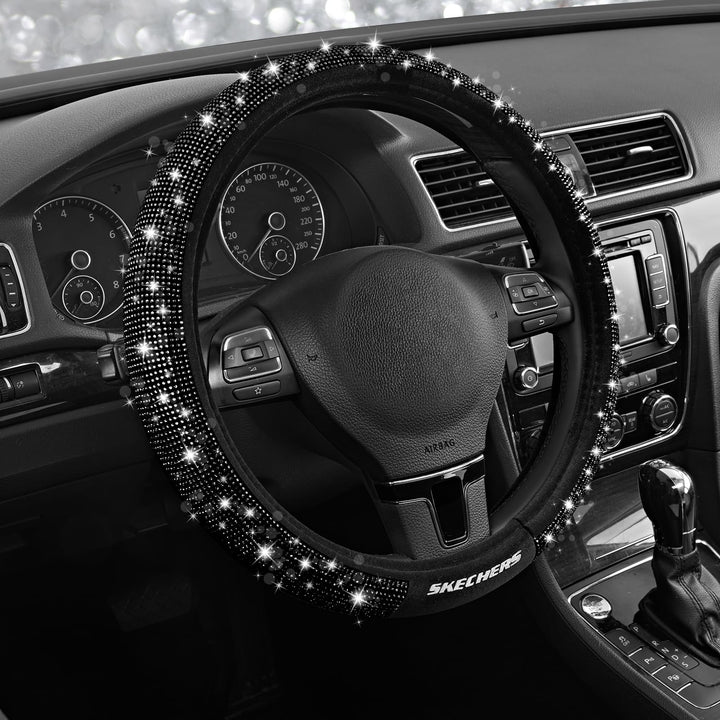 Skechers front view showing black diamond steering wheel cover and branded packaging for attractive upgrade