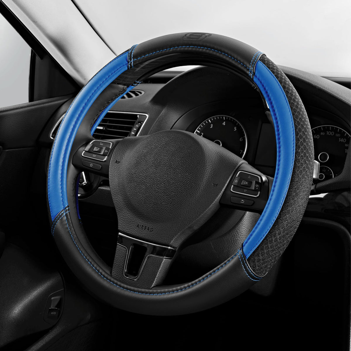 Skechers front view of blue steering wheel cover showing brand and fit benefit
