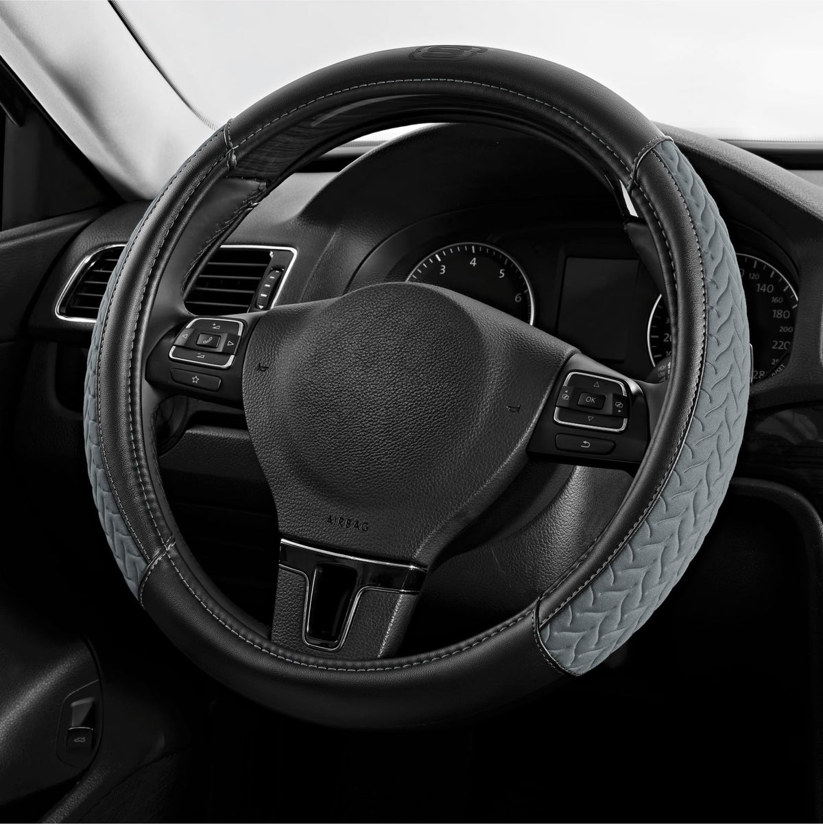 Skechers front view of gray steering wheel cover showing full fit and protection