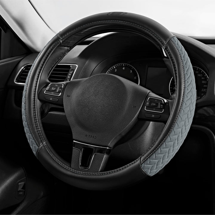 Skechers front view of gray steering wheel cover showing full fit and protection