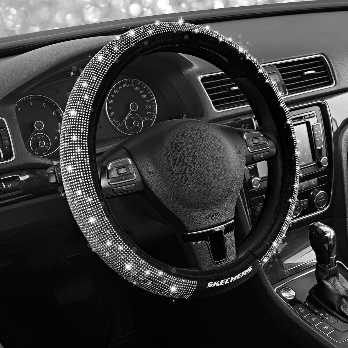 Skechers front view of silver diamond steering cover showing packaging and branding benefit: recognizable licensed product