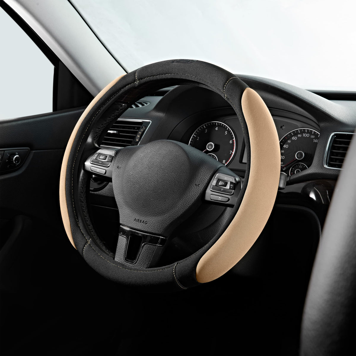 Skechers steering wheel cover front view shows fit and stylish color