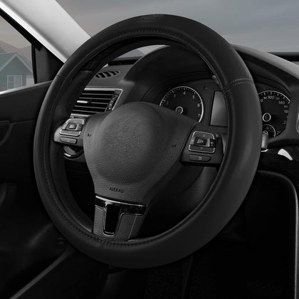 Skechers steering wheel cover front packaging showing brand and fit benefit