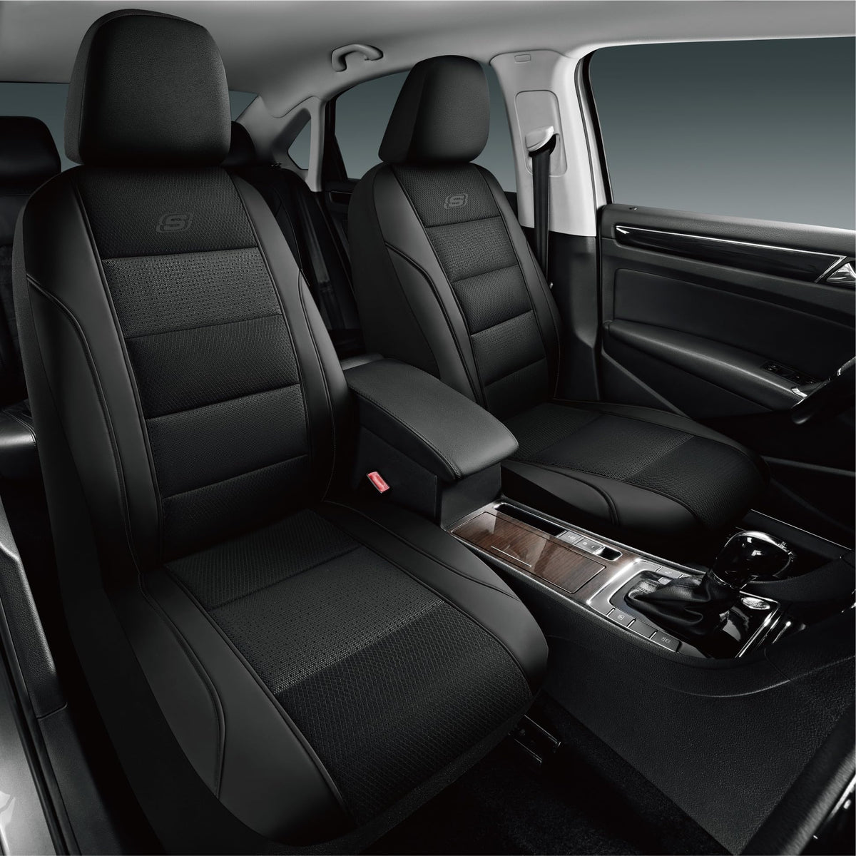 Skechers front seat cover front view showing sleek black finish and improved comfort