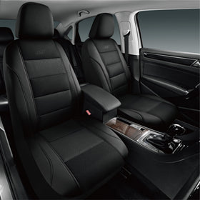 Skechers front seat cover front view showing sleek black finish and improved comfort