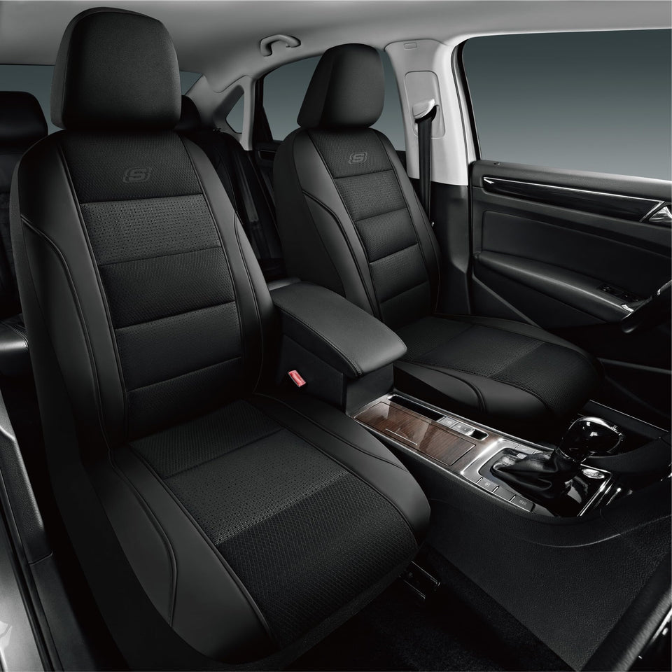 Skechers front seat cover front view showing sleek black finish and improved comfort