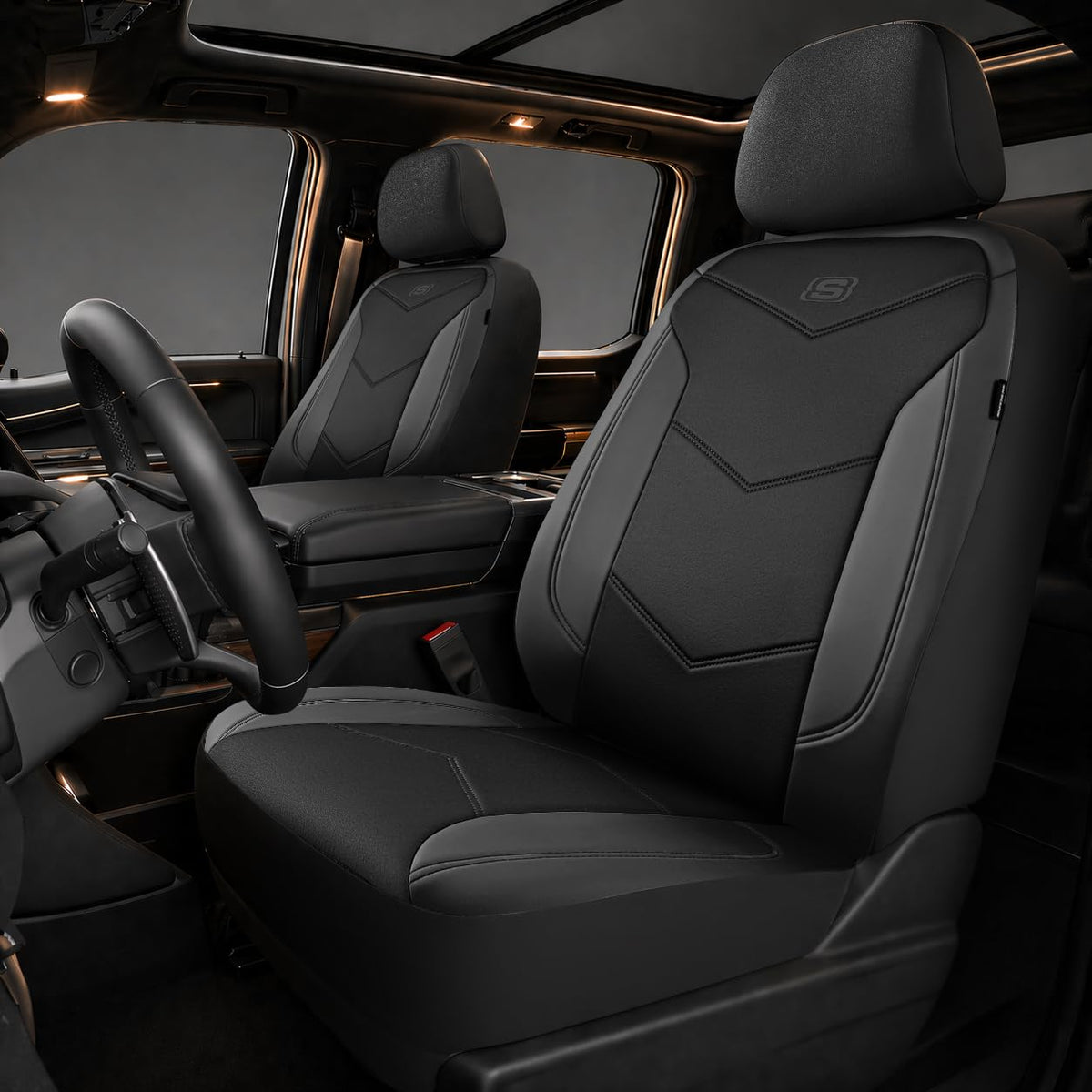 Skechers front seat cover installed showing full coverage and comfort