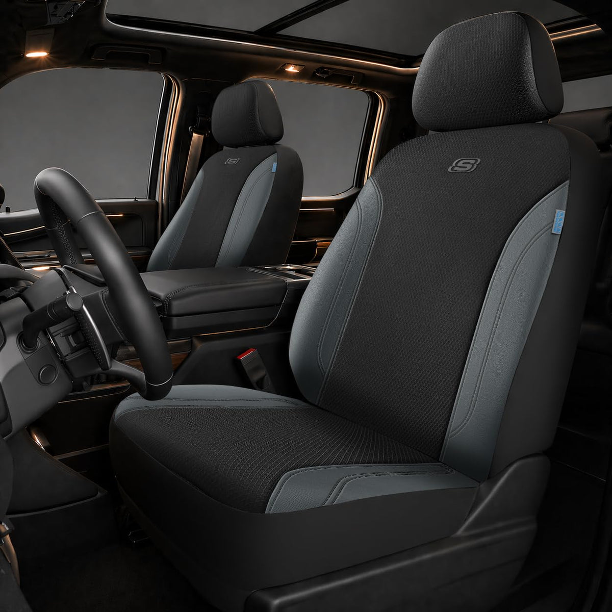 Skechers front seat cover full view showing protective fit and upgraded style