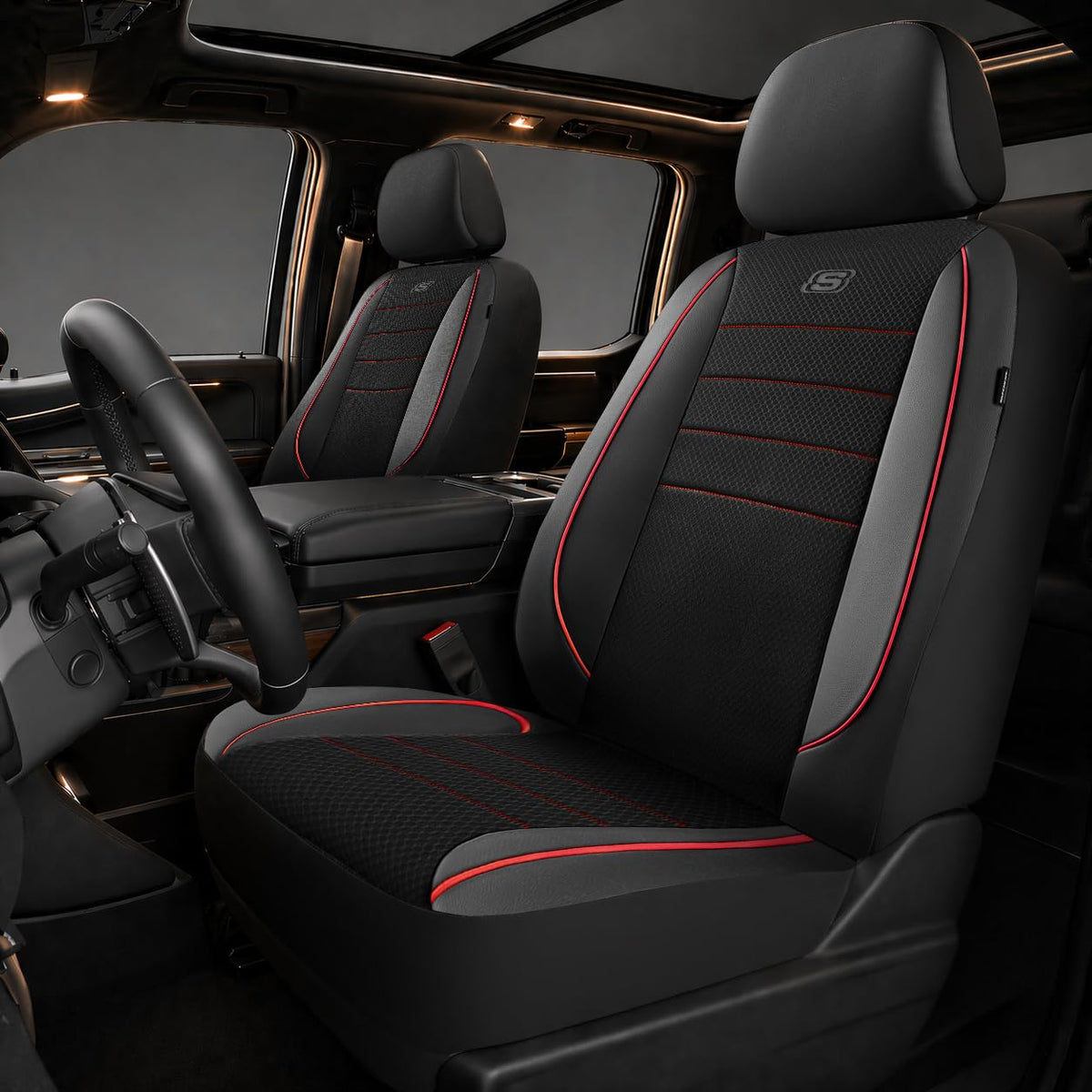 Skechers front seat cover full view showing red finish and fitted look, adds comfort