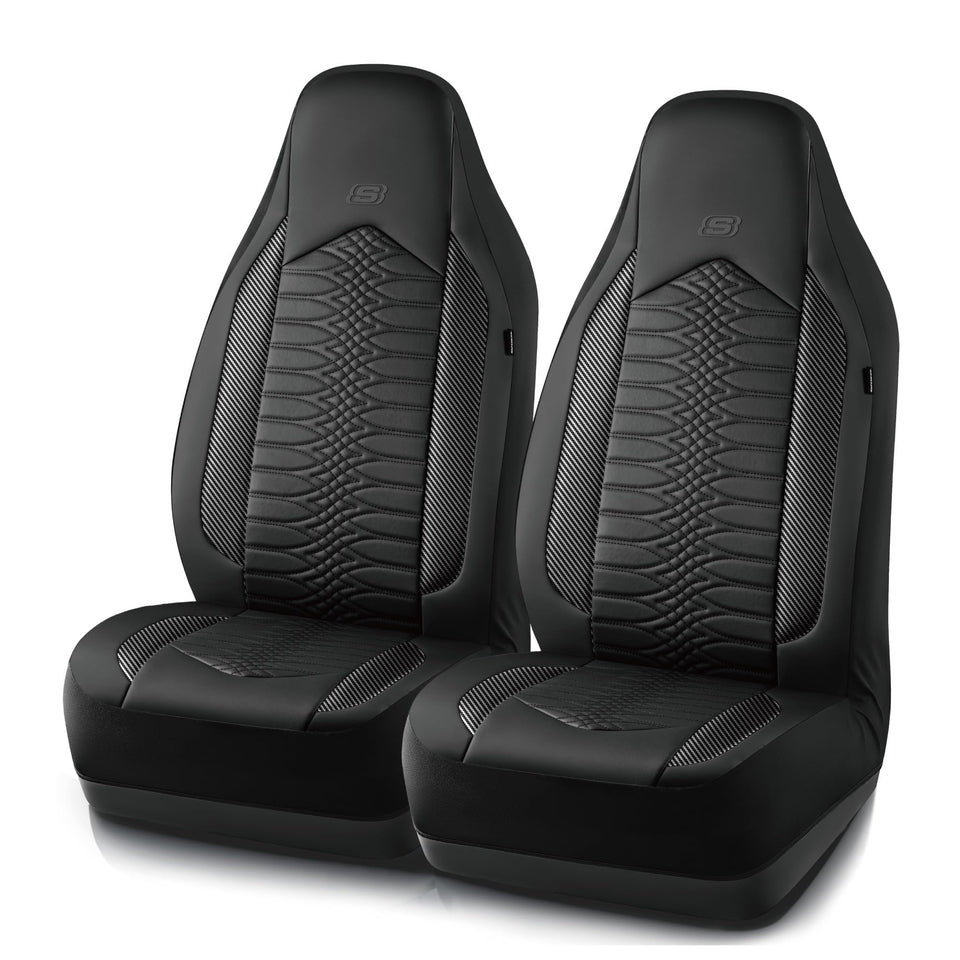 Skechers front view of quilted leather seat covers showing elegant styling and protection
