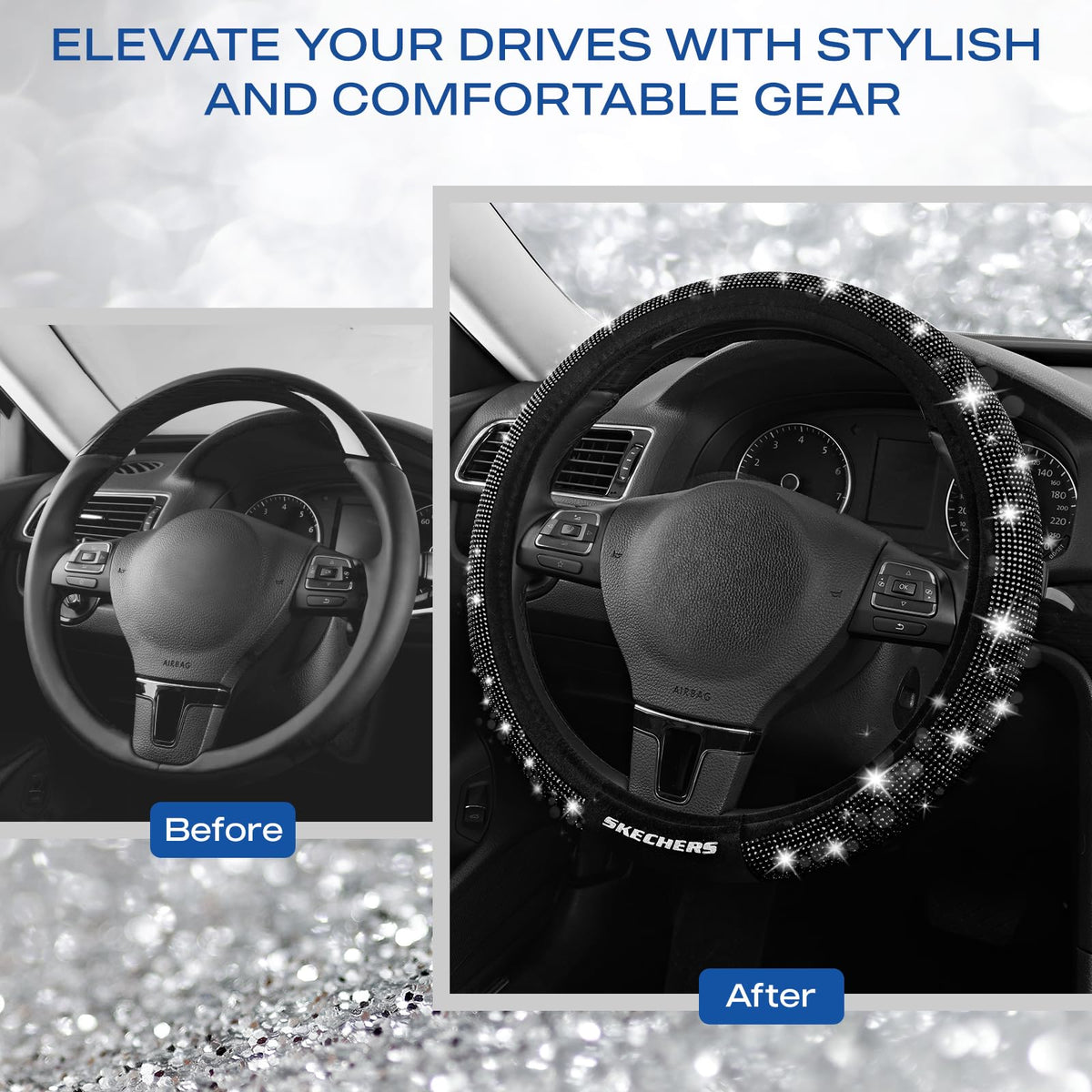 Skechers steering wheel cover installed in car demonstrating improved grip and stylish interior look