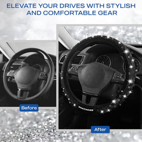 Skechers steering wheel cover installed in car demonstrating improved grip and stylish interior look