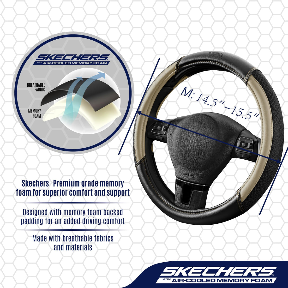 Skechers installed on a sedan steering wheel demonstrating improved comfort