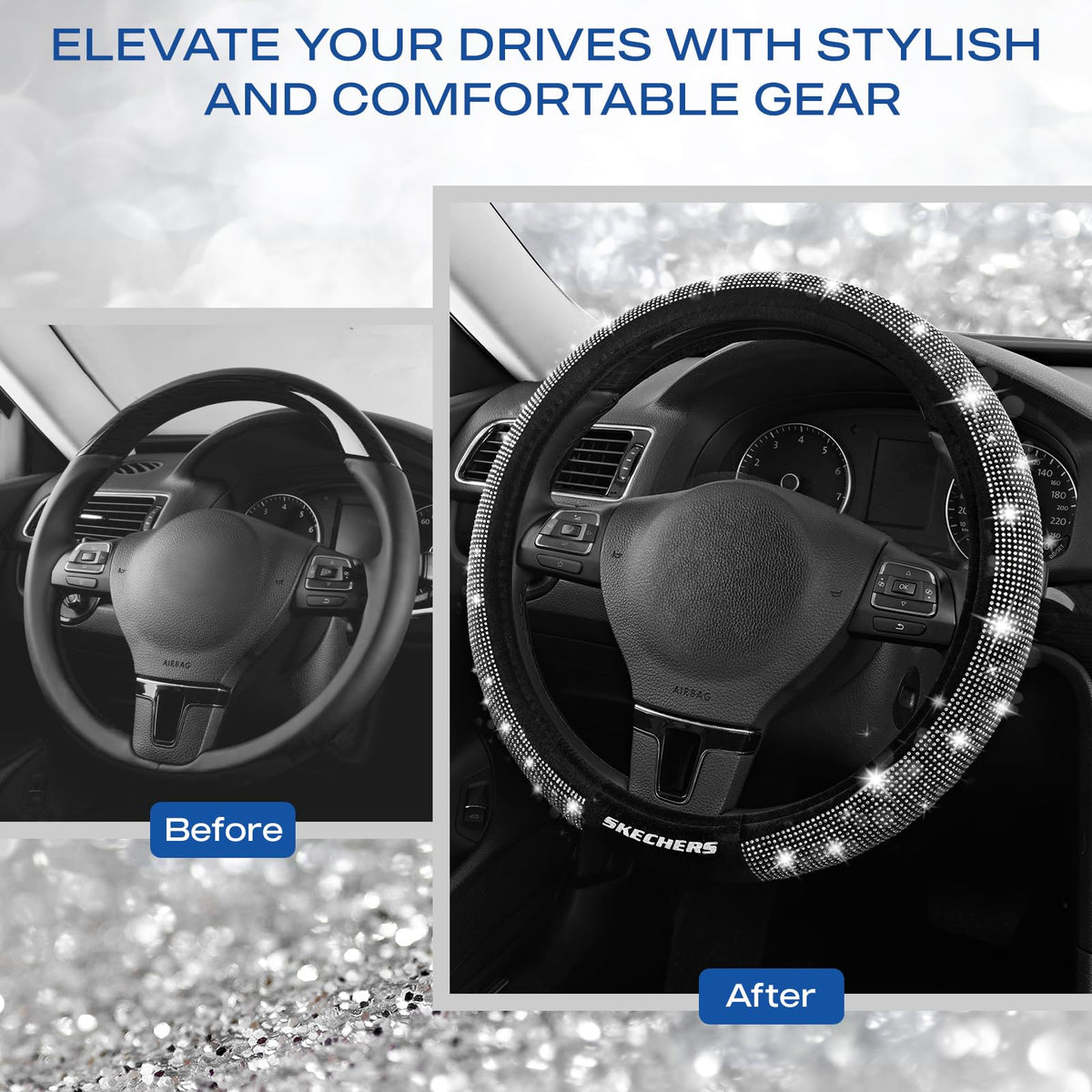 Skechers cover installed on steering wheel in car showing stylish interior upgrade and comfort