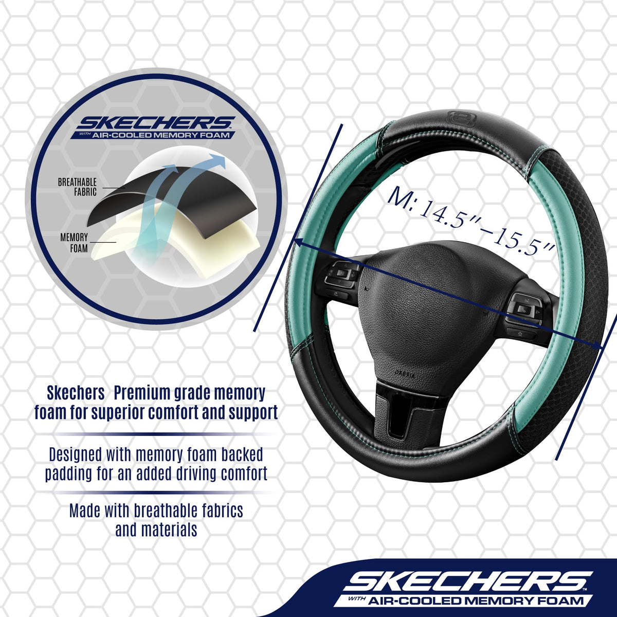 Skechers installed on steering wheel demonstrating snug fit and improved grip