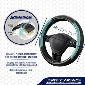 Skechers installed on steering wheel demonstrating snug fit and improved grip
