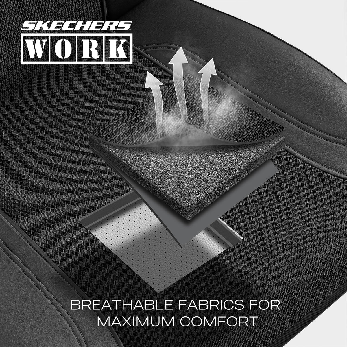 Skechers leather trim detail showing reinforced edge and easy-clean benefit