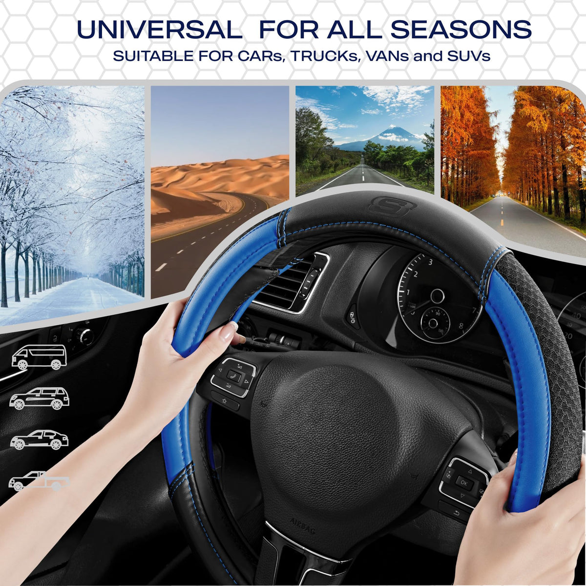 Skechers lifestyle photo inside car showing cooler, protected steering wheel