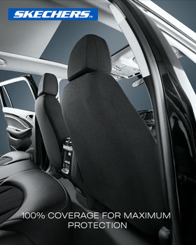 Lifestyle shot of Skechers seat covers while driving showing comfort and upgraded interior benefit
