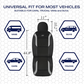 Skechers cover next to ruler for size comparison, indicates fit for most seats
