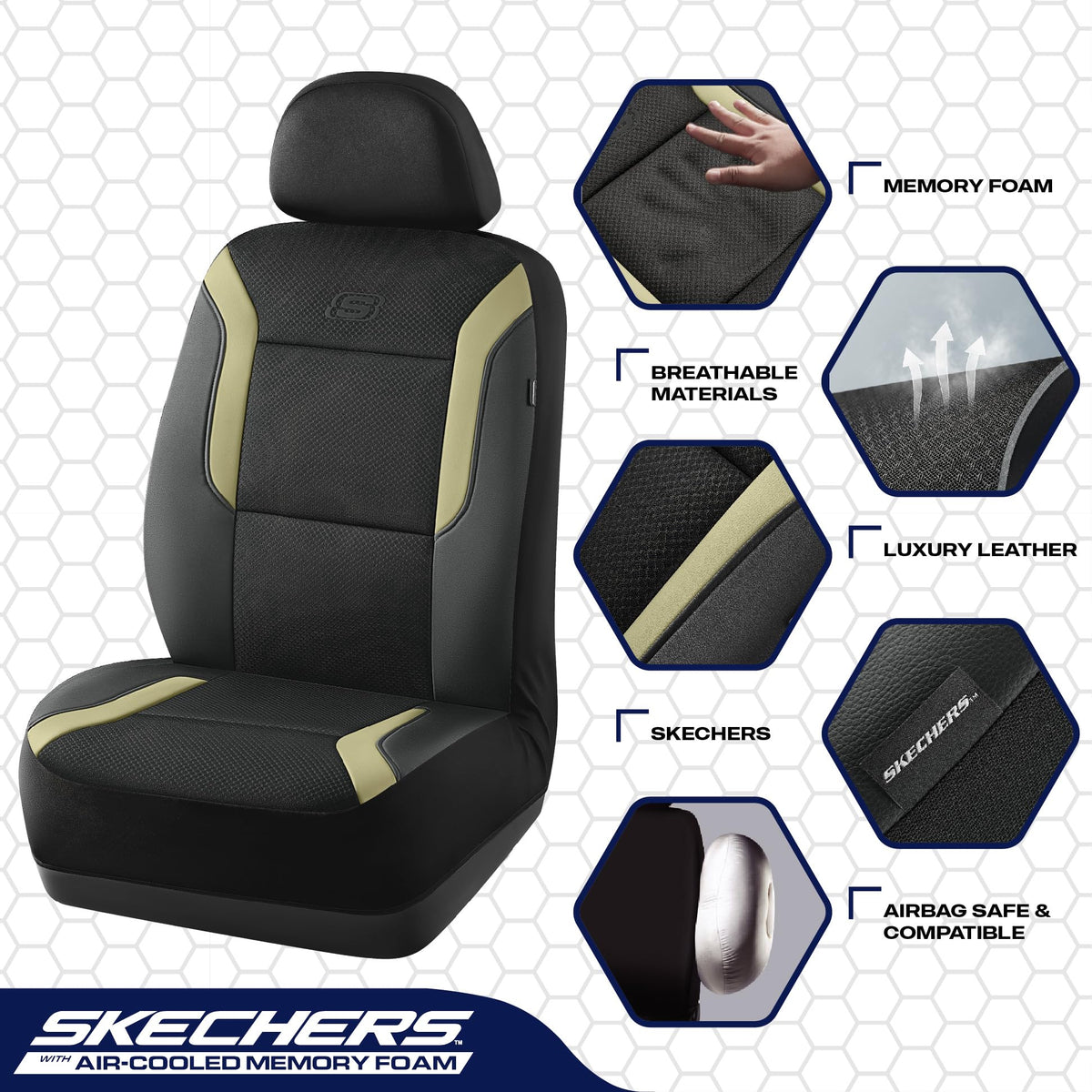 Skechers label indicating side airbag compatibility for safety