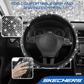 Skechers size comparison with 14½–15" wheel showing universal fit for most cars