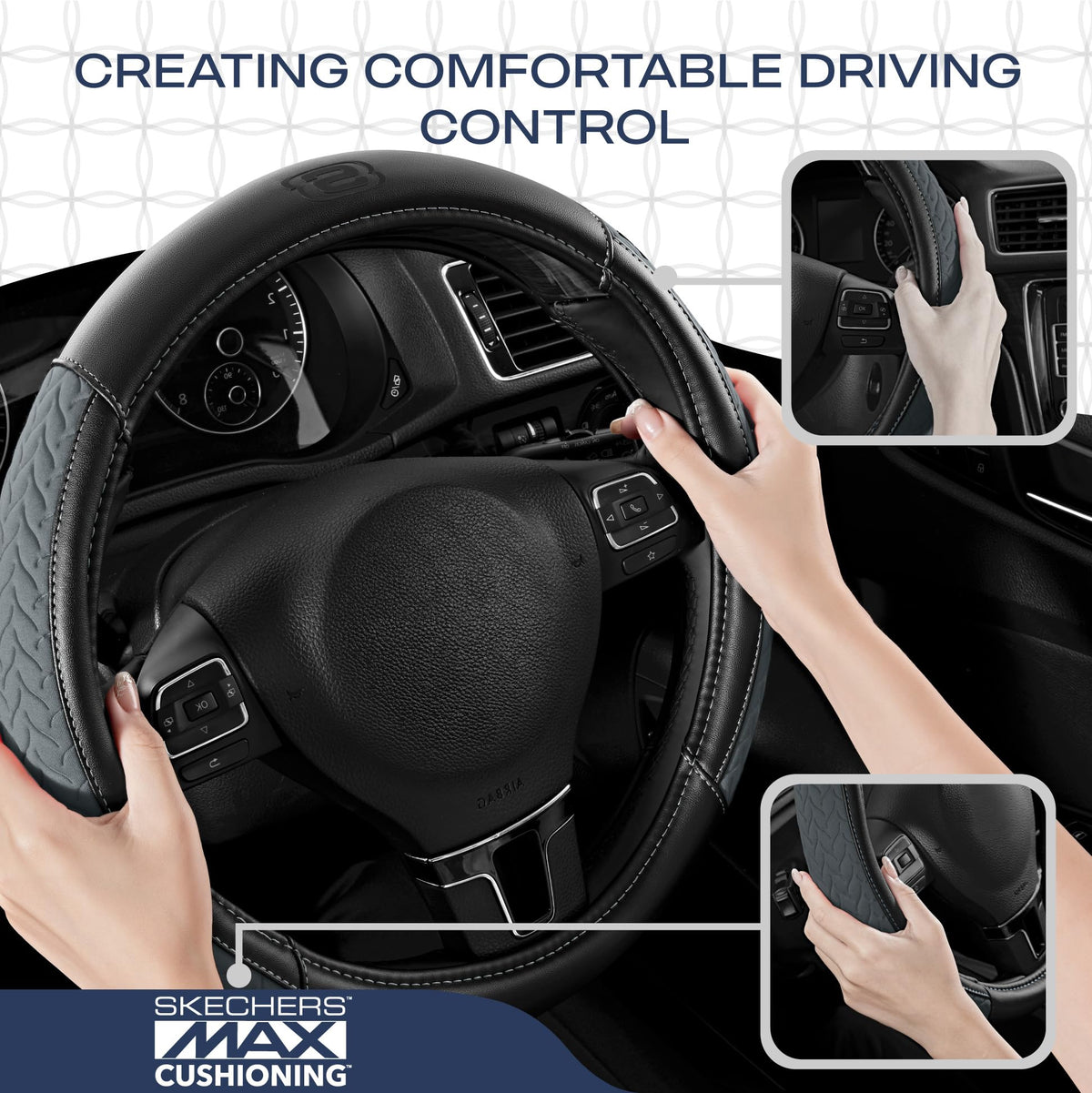 Skechers steering wheel cover beside ruler showing 14.5–15 inch fit
