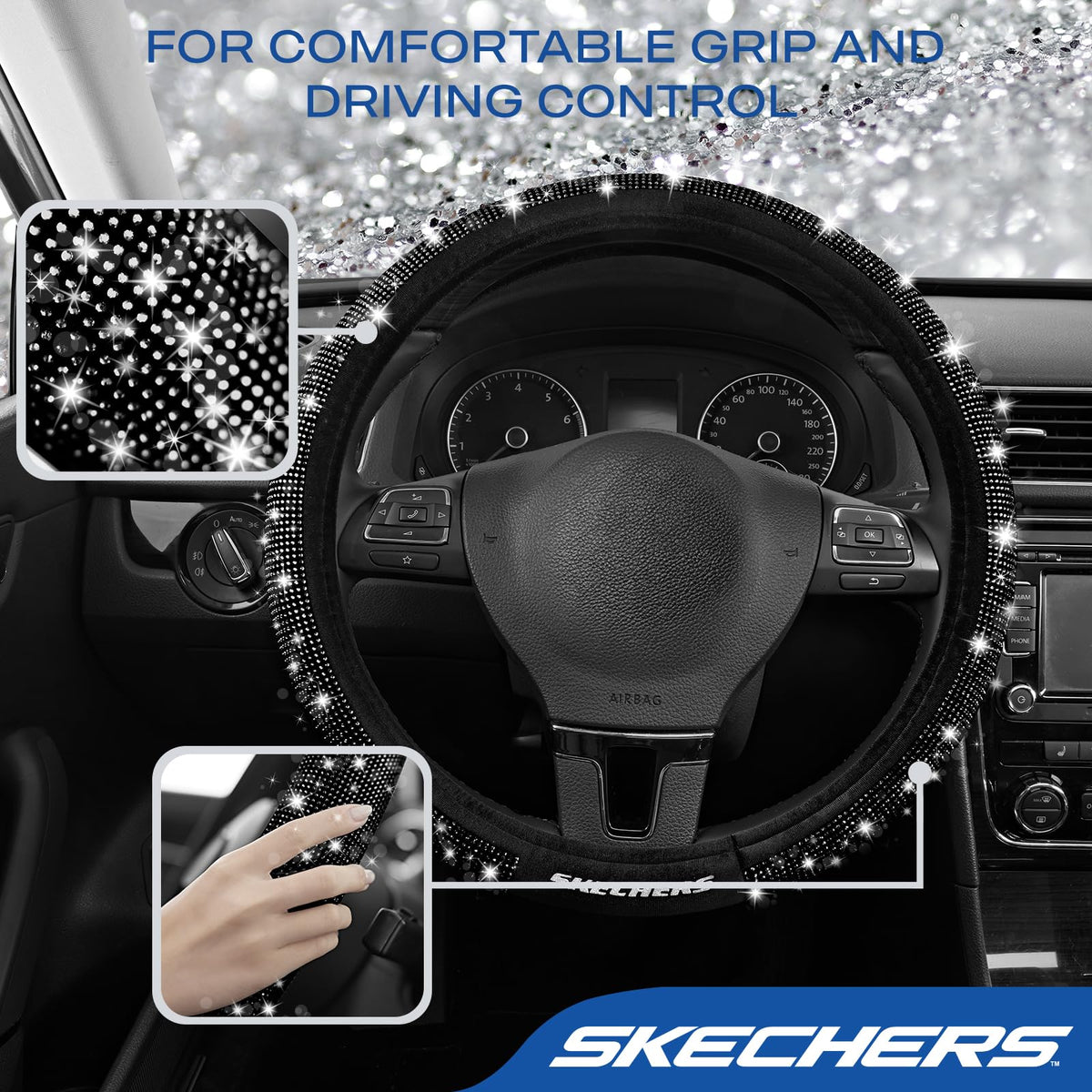 Skechers cover beside ruler showing 14½–15 inch fit and easy compatibility benefit