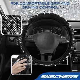 Skechers cover beside ruler showing 14½–15 inch fit and easy compatibility benefit