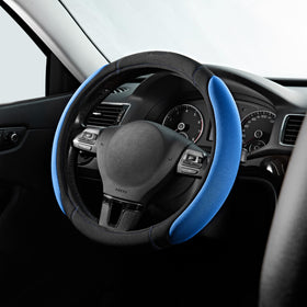 Skechers front view of steering wheel cover showing sleek black and blue design and enhanced grip