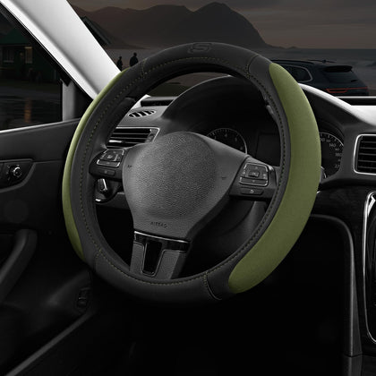 Skechers steering wheel cover front view showing sleek black and olive look and comfort