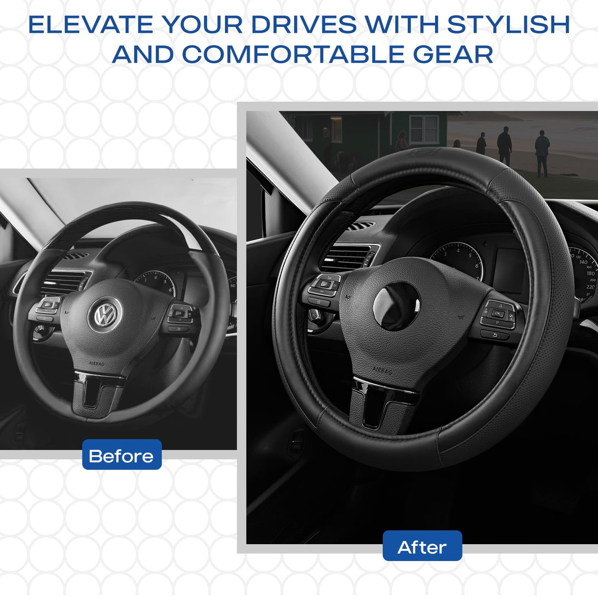 Skechers installed on a car wheel improving grip and adding stylish interior upgrade