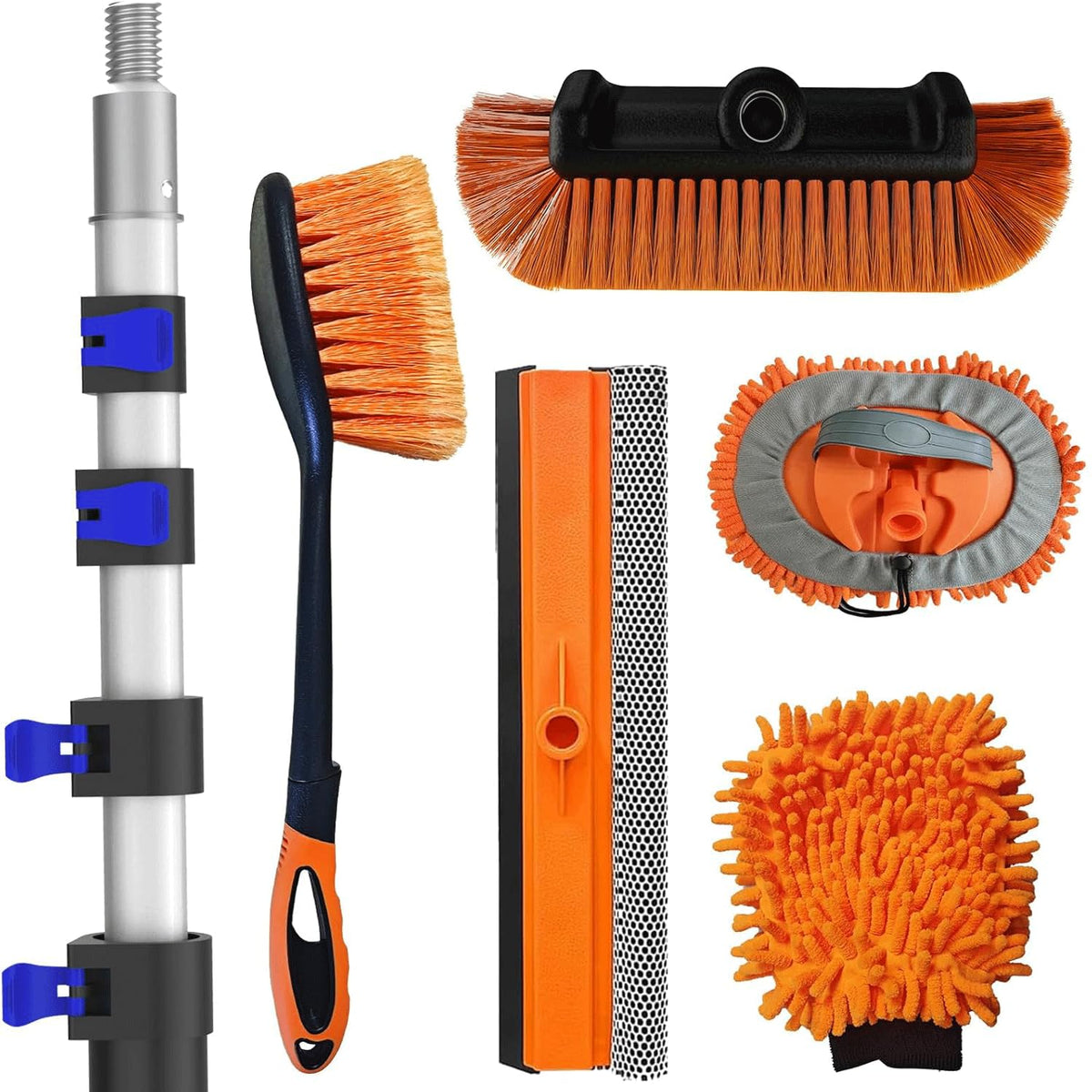 SKGPOLE full kit laid out showing pole, brush, mitt, squeegee offering versatile cleaning