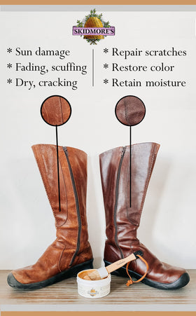 Skidmore's applied to leather sofa demonstrating quick restoration benefit