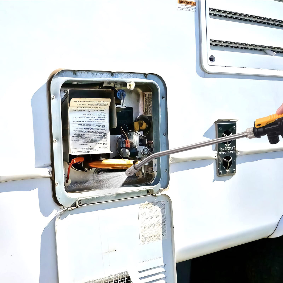 Skoutag technician using kit in an RV bay demonstrating simple preventive care