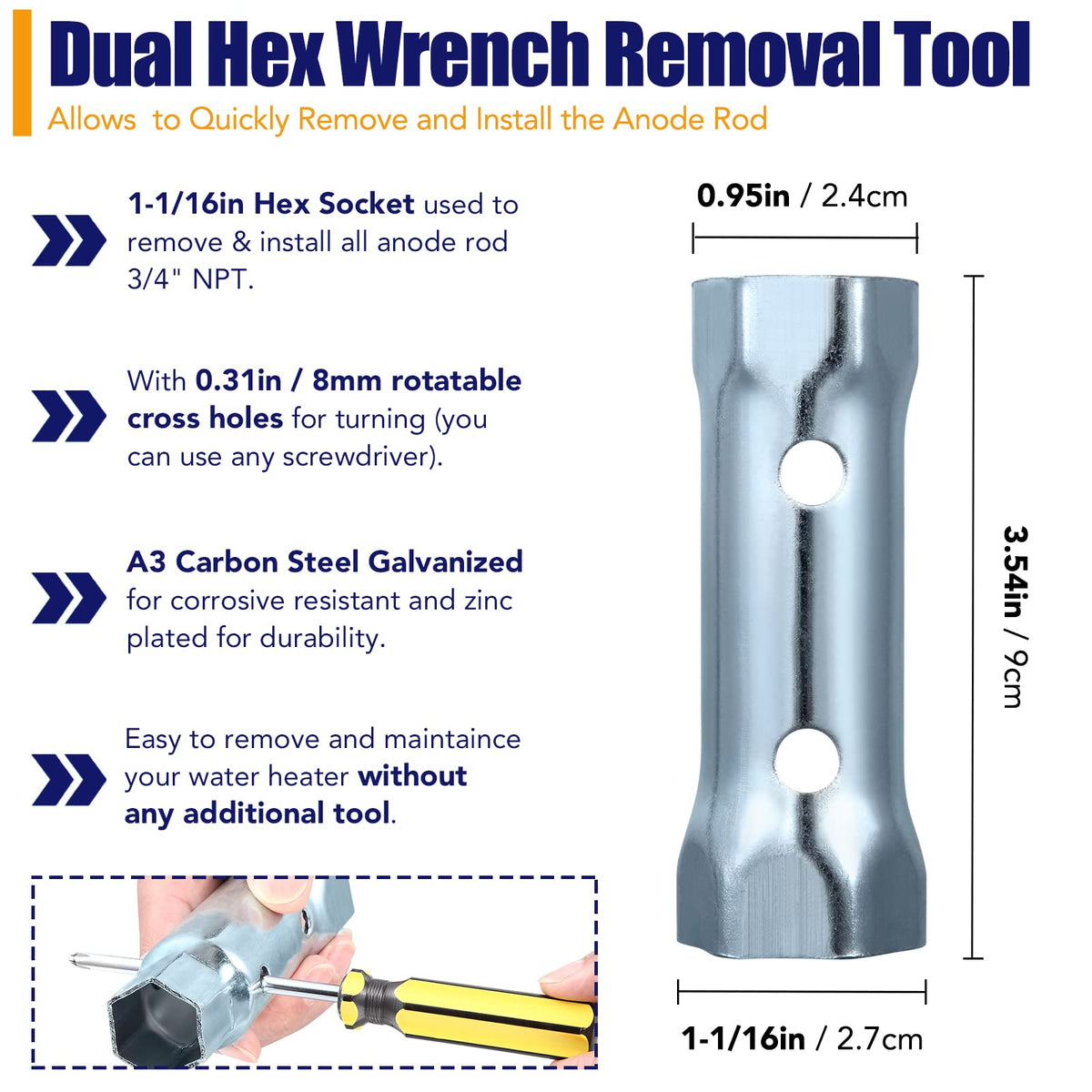 Skoutag dual-hex wrench and tool layout for easy safe anode removal