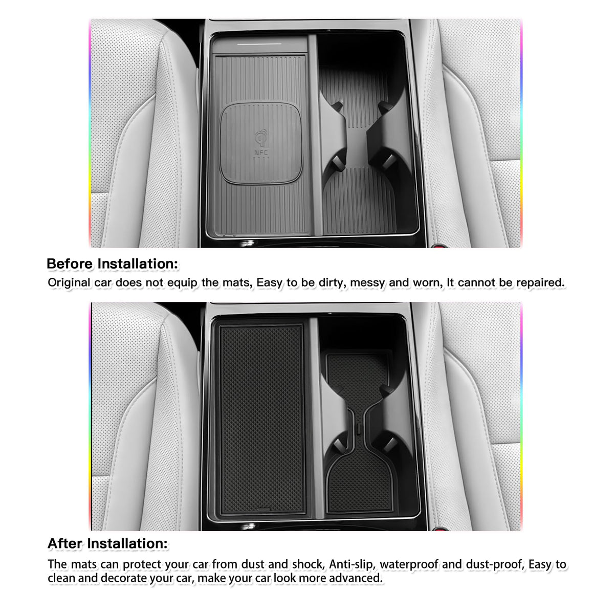 SKTU center console mat installed for scratch protection and organization
