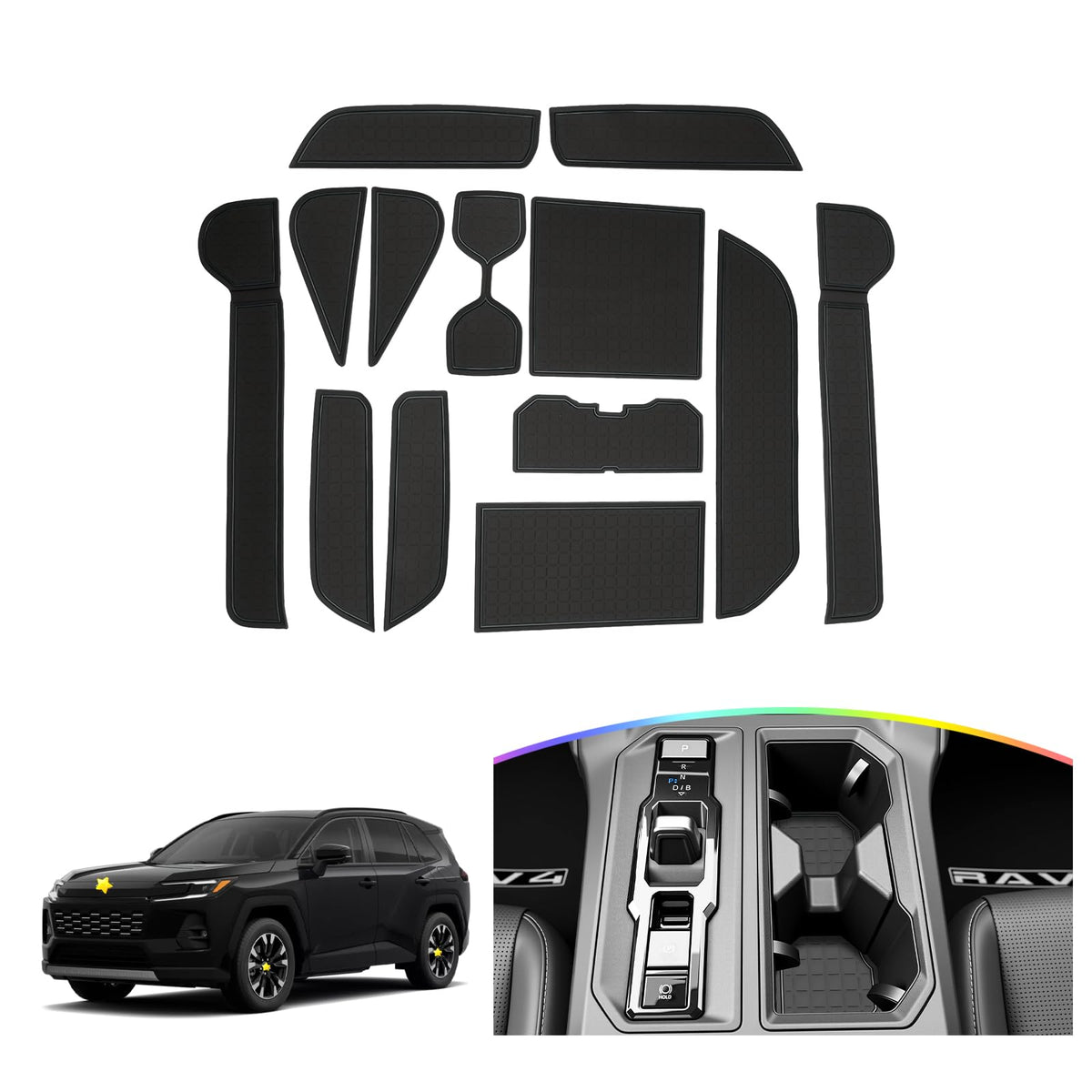 SKTU mats in RAV4 interior lifestyle shot reducing noise and organizing cabin